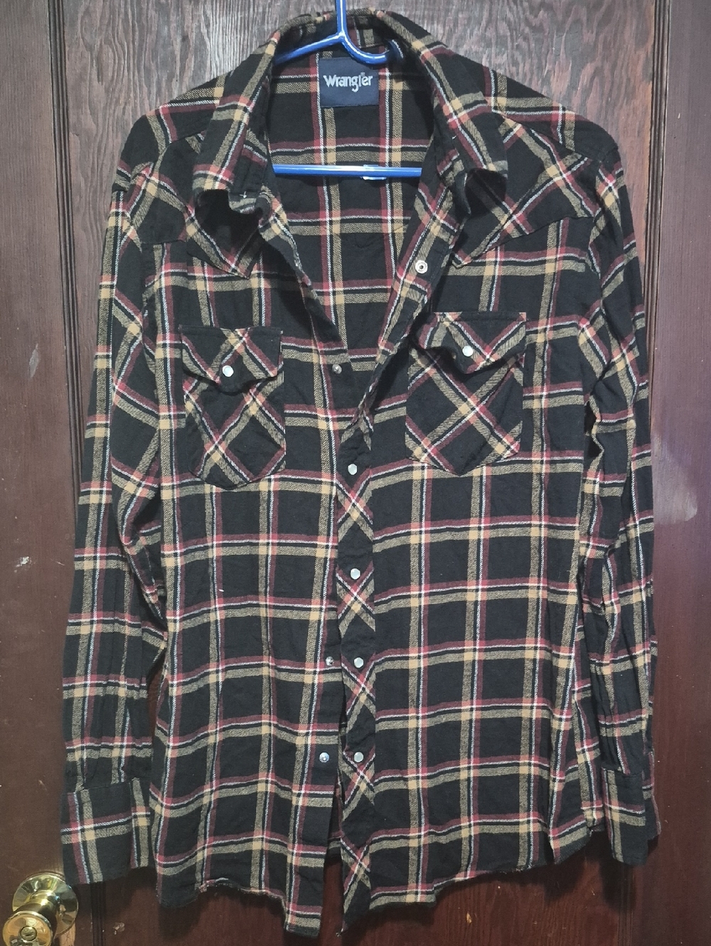 Wrangler Black Plaid Button-Down Shirt with Red and Tan Stripes